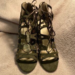 G by Guess Suede olive green block high-heel peep-toe Gladiator shoe